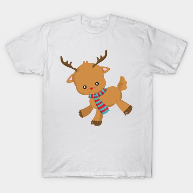 Christmas Reindeer, Scarf, Red Nose, New Year T-Shirt by Jelena Dunčević